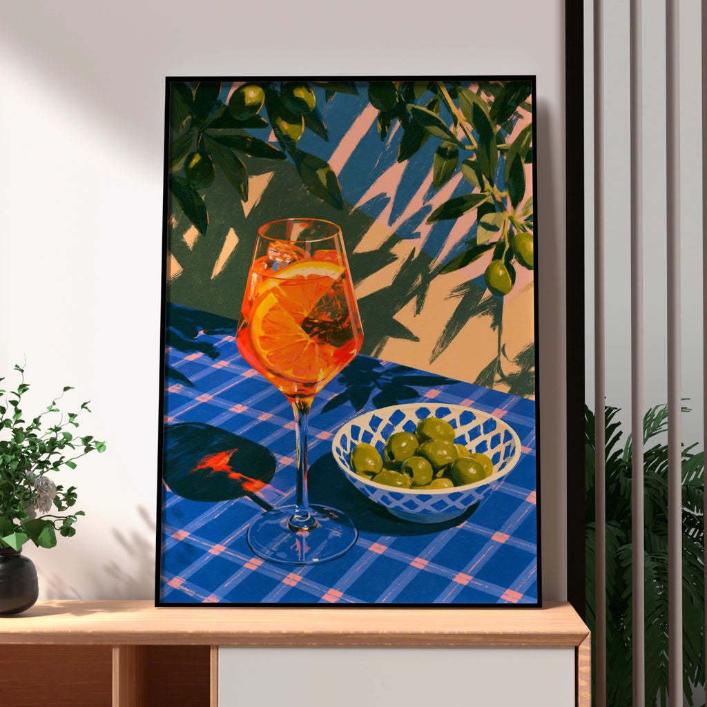 Spritz & Olives Poster, Italian Summer Cocktail Wall Art, Blue Bold Print