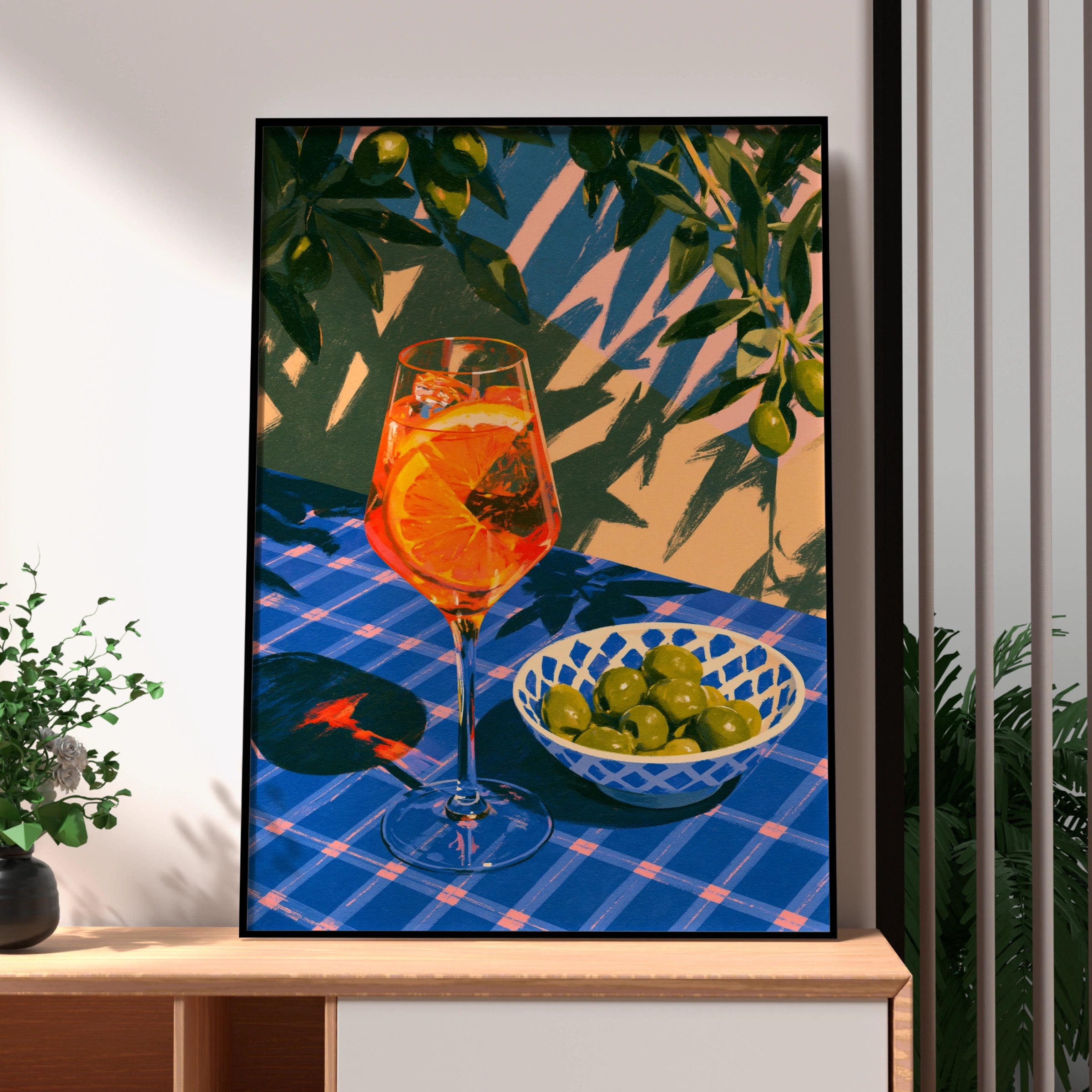 Spritz & Olives Poster, Italian Summer Cocktail Wall Art, Blue Bold Print