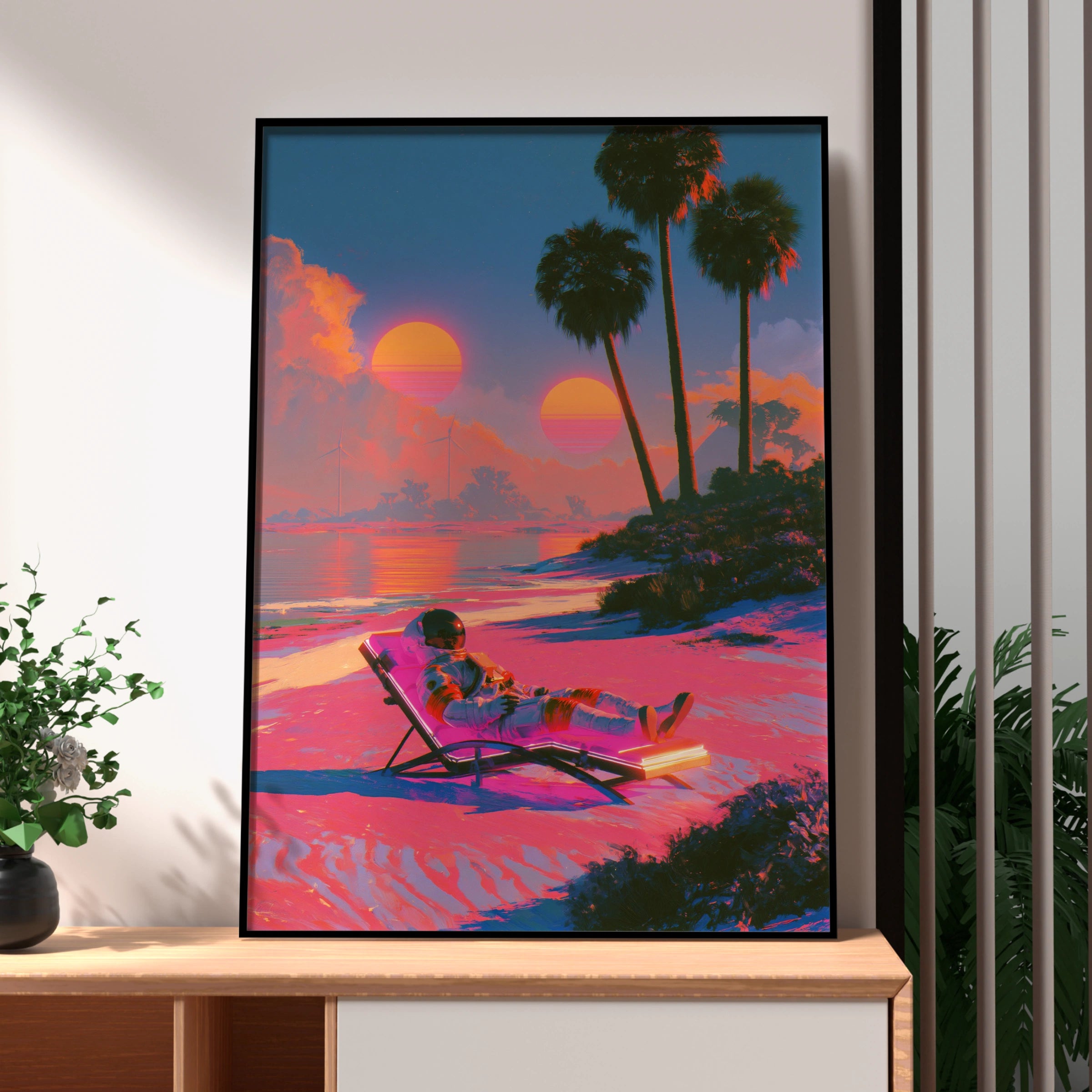 Astronaut on Sun Lounger Beach Poster, Retro Sci-Fi Wall Art, Vaporwave Print