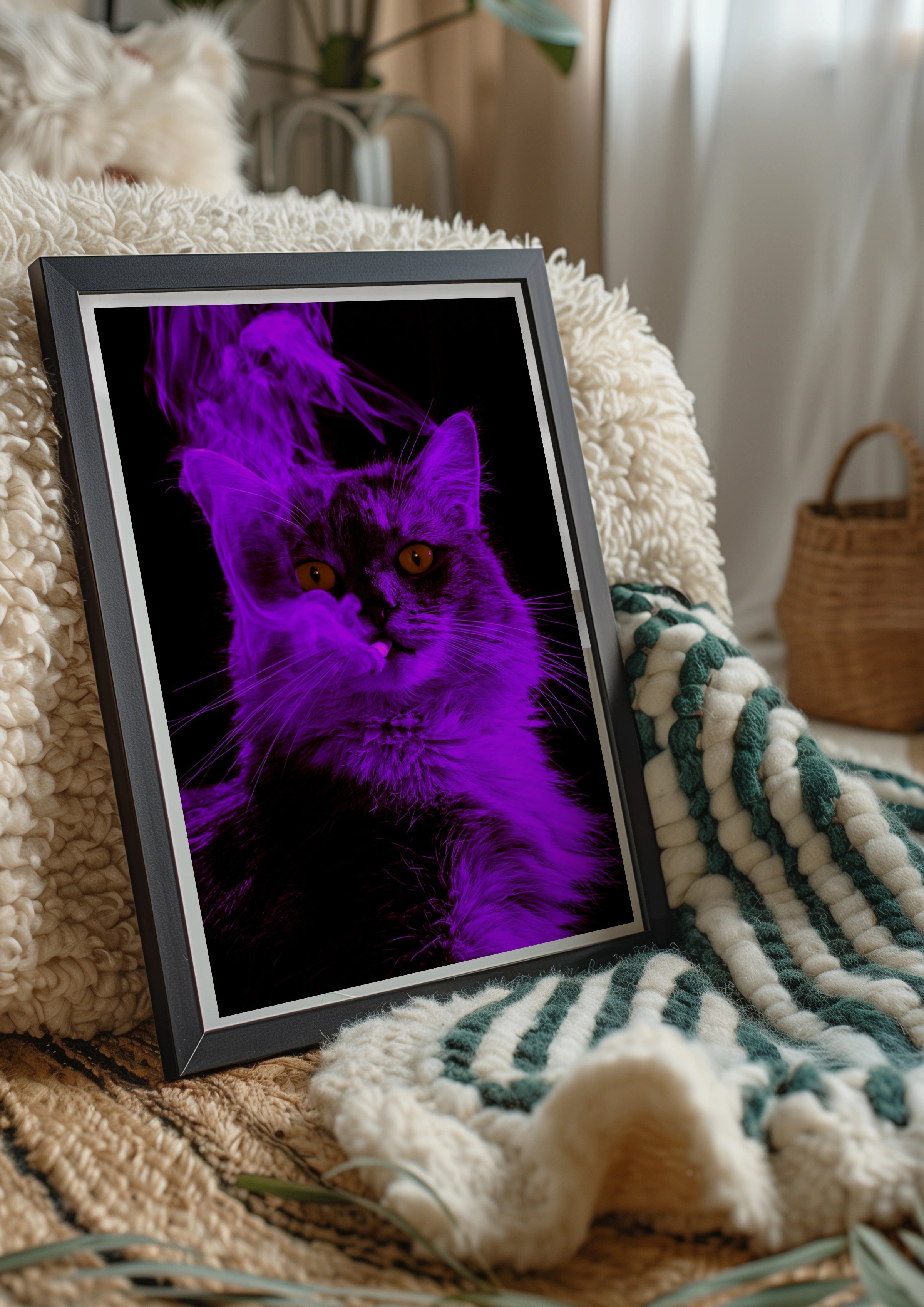 Purple Smoking Cat Poster, Neon Feline Wall Art, Dark Moody Print