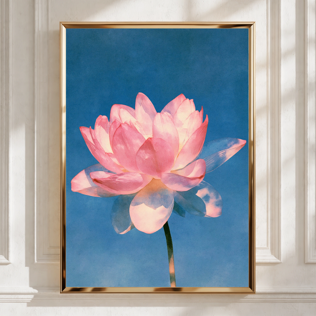 Pink Lotus Flower Poster, Botanical Wall Art, Blue Background, Watercolour Style