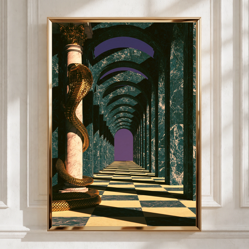 Golden Cobra Marble Hallway Poster, Surreal Architecture Art Print, Green Purple