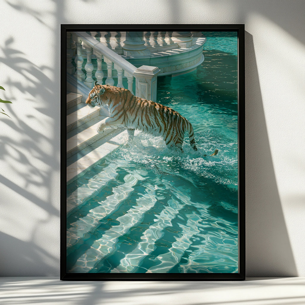 Tiger Leaping into Water, Villa Pool Wall Art Poster, Surreal Style