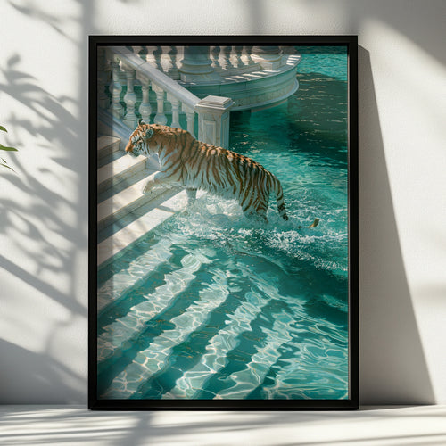 Tiger Leaping into Water, Villa Pool Wall Art Poster, Surreal Style