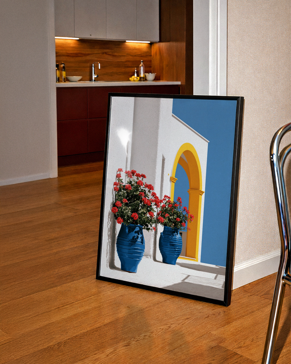 Greek Courtyard Blue Vases Poster, Mediterranean Architecture Wall Art Print