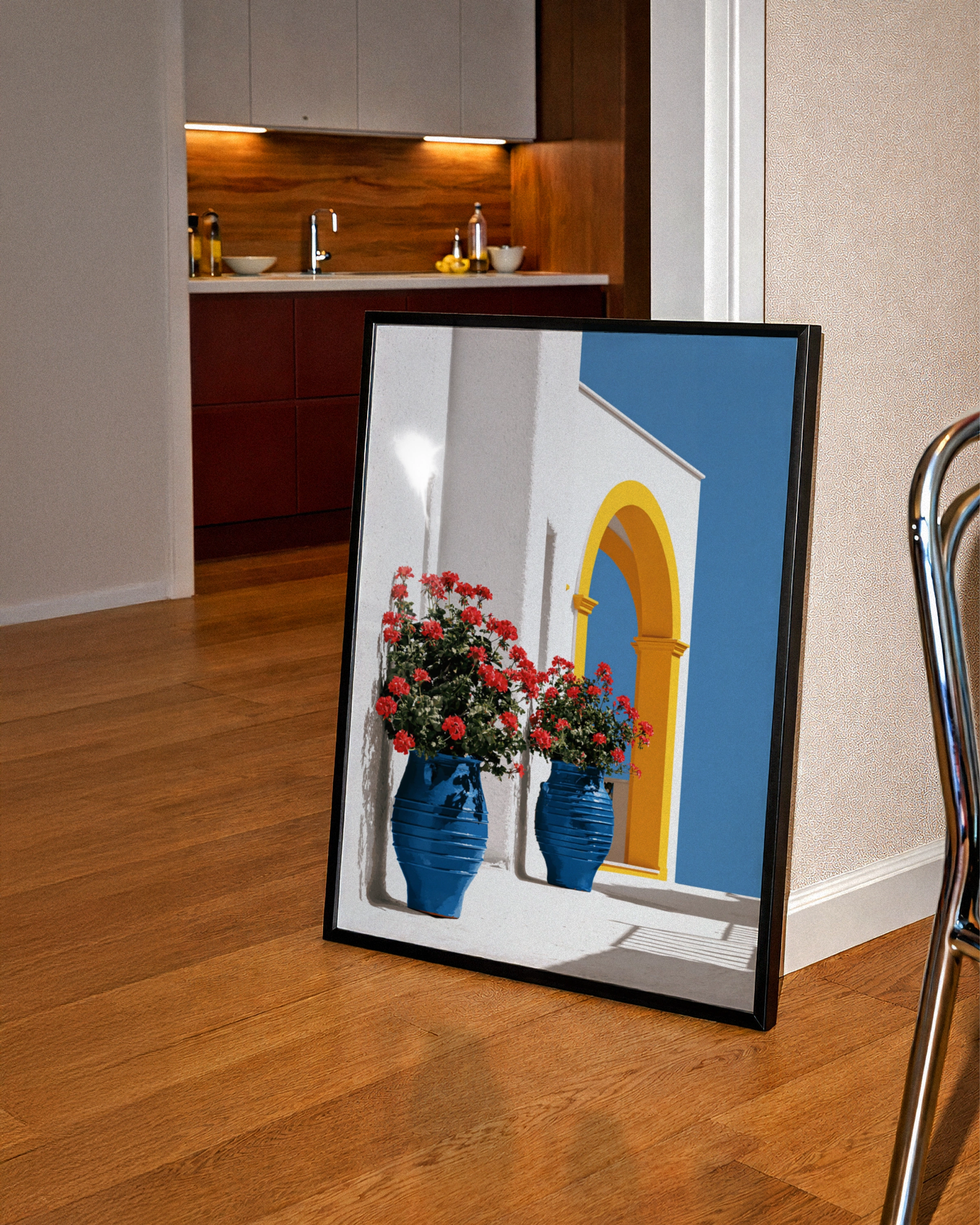 Greek Courtyard Blue Vases Poster, Mediterranean Architecture Wall Art Print