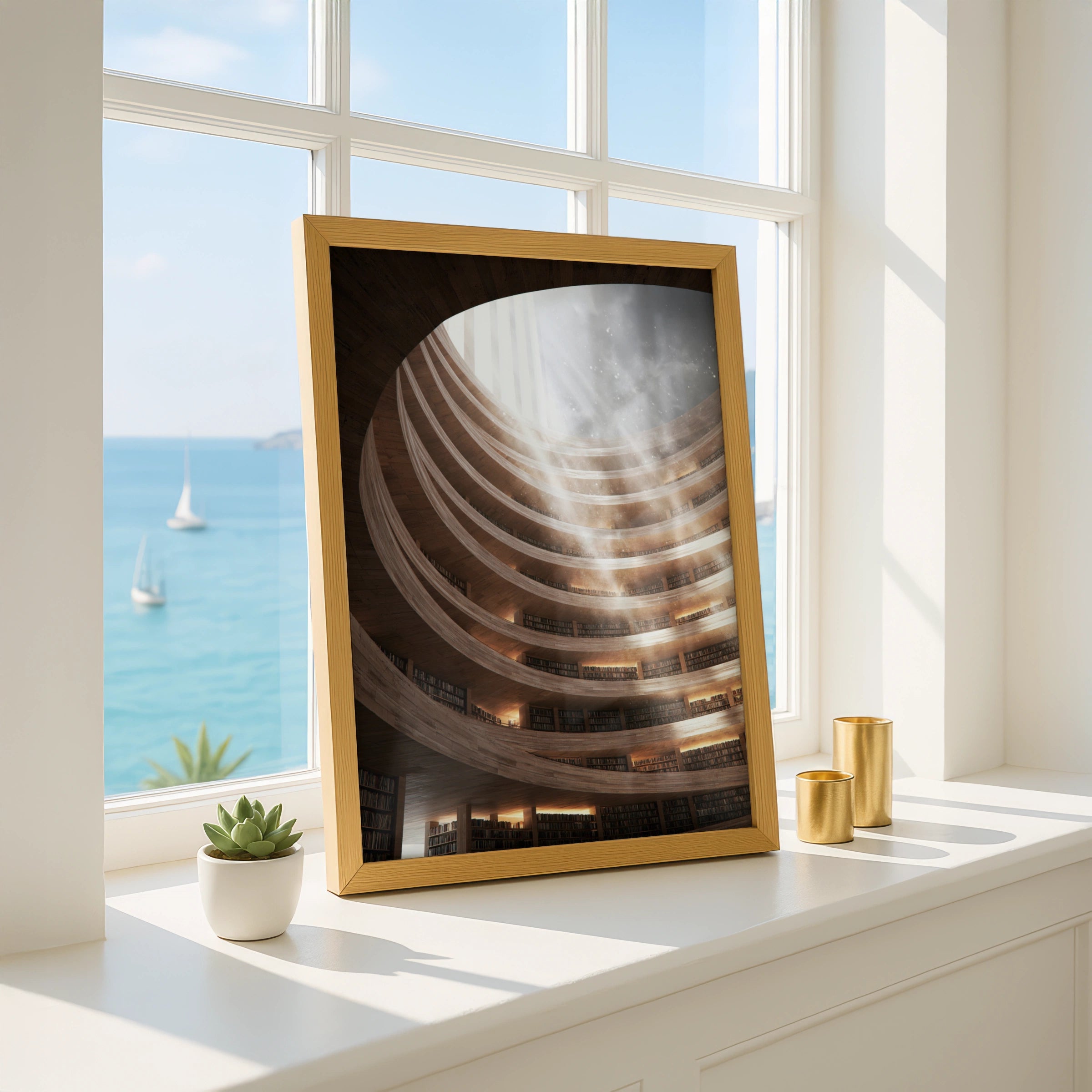 Grand Library Sunray Interior Poster, Circular Bookshelf Architecture Print
