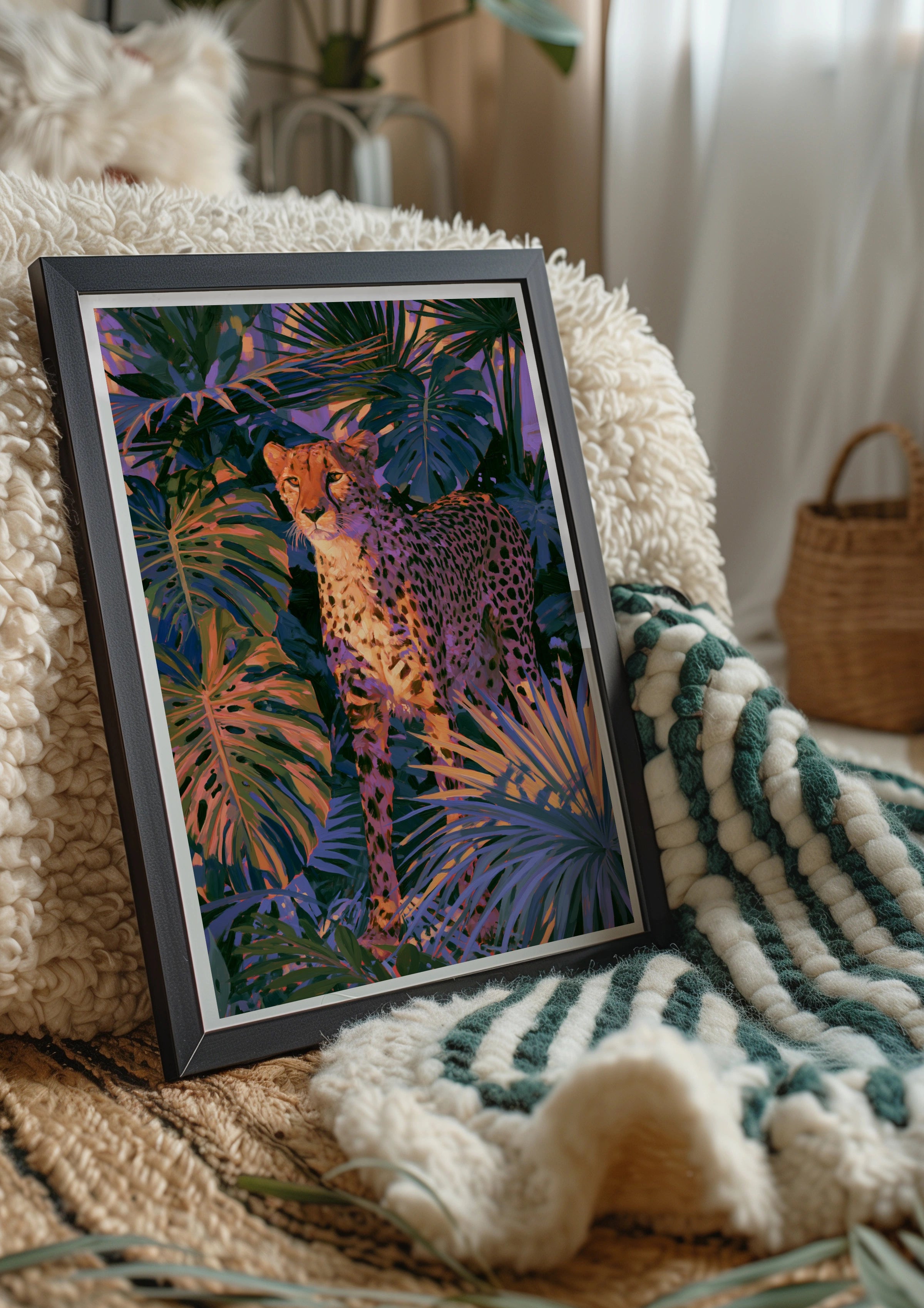 Cheetah Sunset Tropical Plants Poster, Bold Jungle Wildlife Wall Art Print