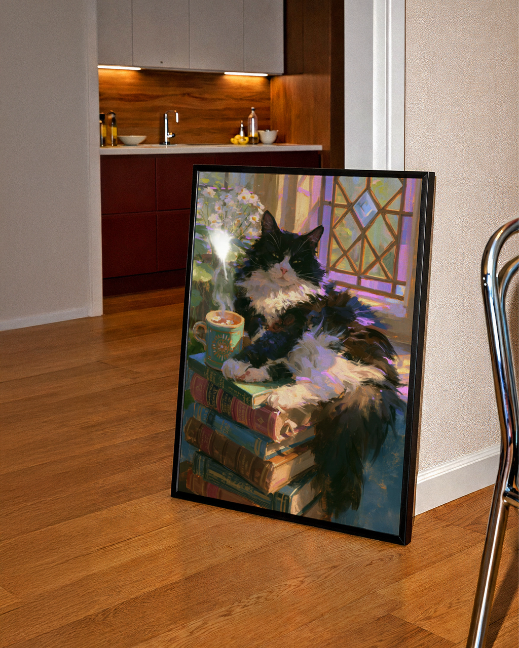 Sleepy Cat on Books Poster, Tuxedo Cat Wall Art, Cosy Reading Print