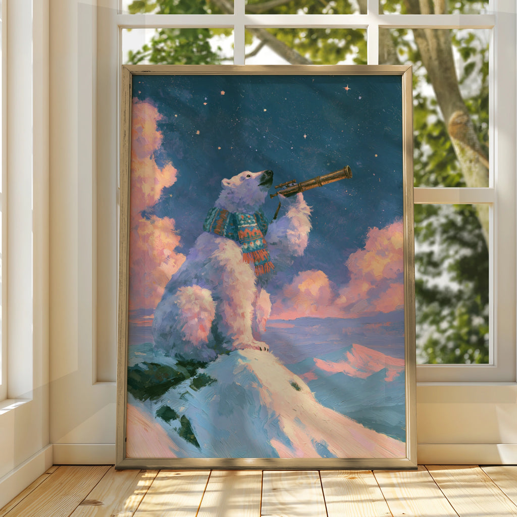 Polar Bear Stargazing Poster, Arctic Night Sky, Whimsical Animal Wall Art
