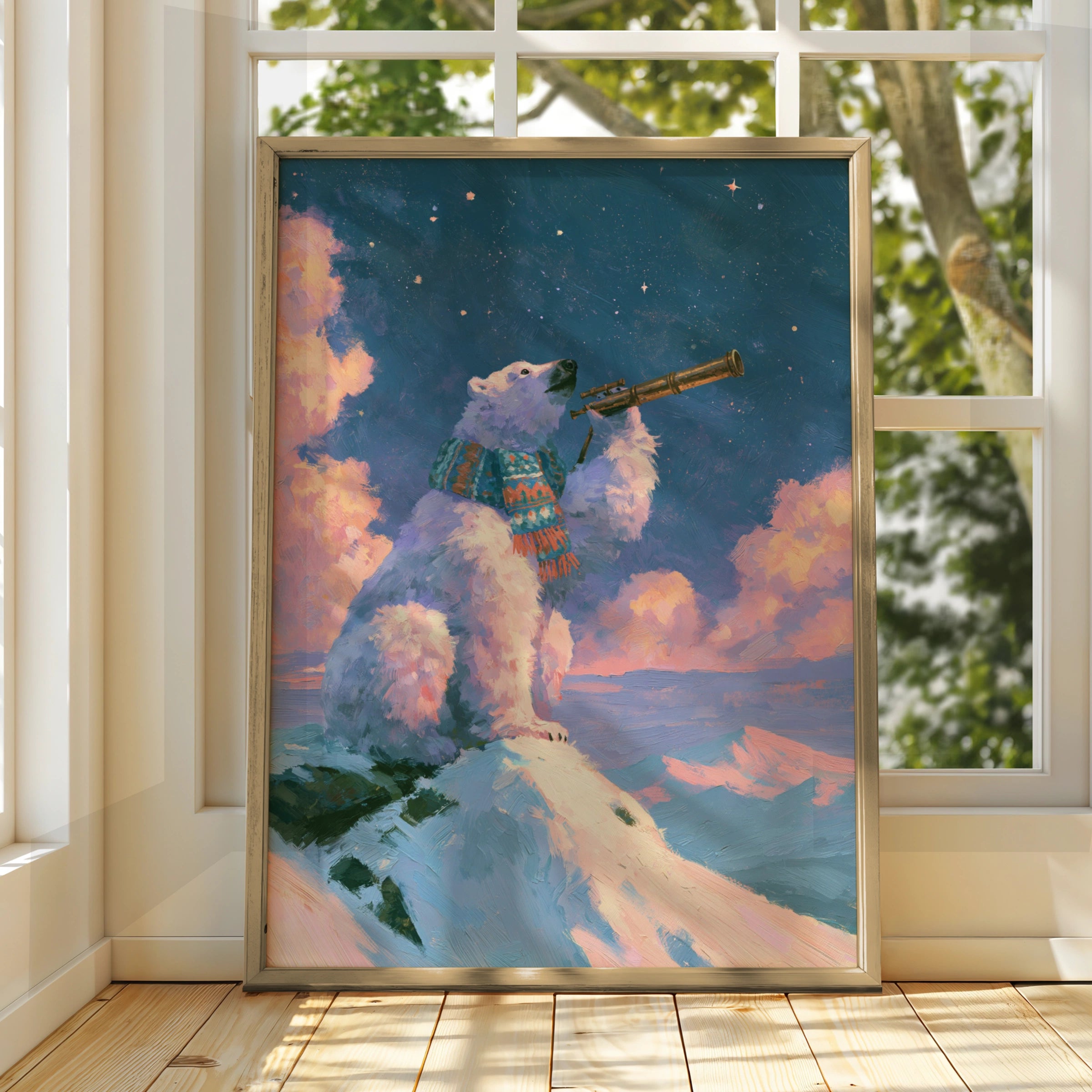 Polar Bear Stargazing Poster, Arctic Night Sky, Whimsical Animal Wall Art