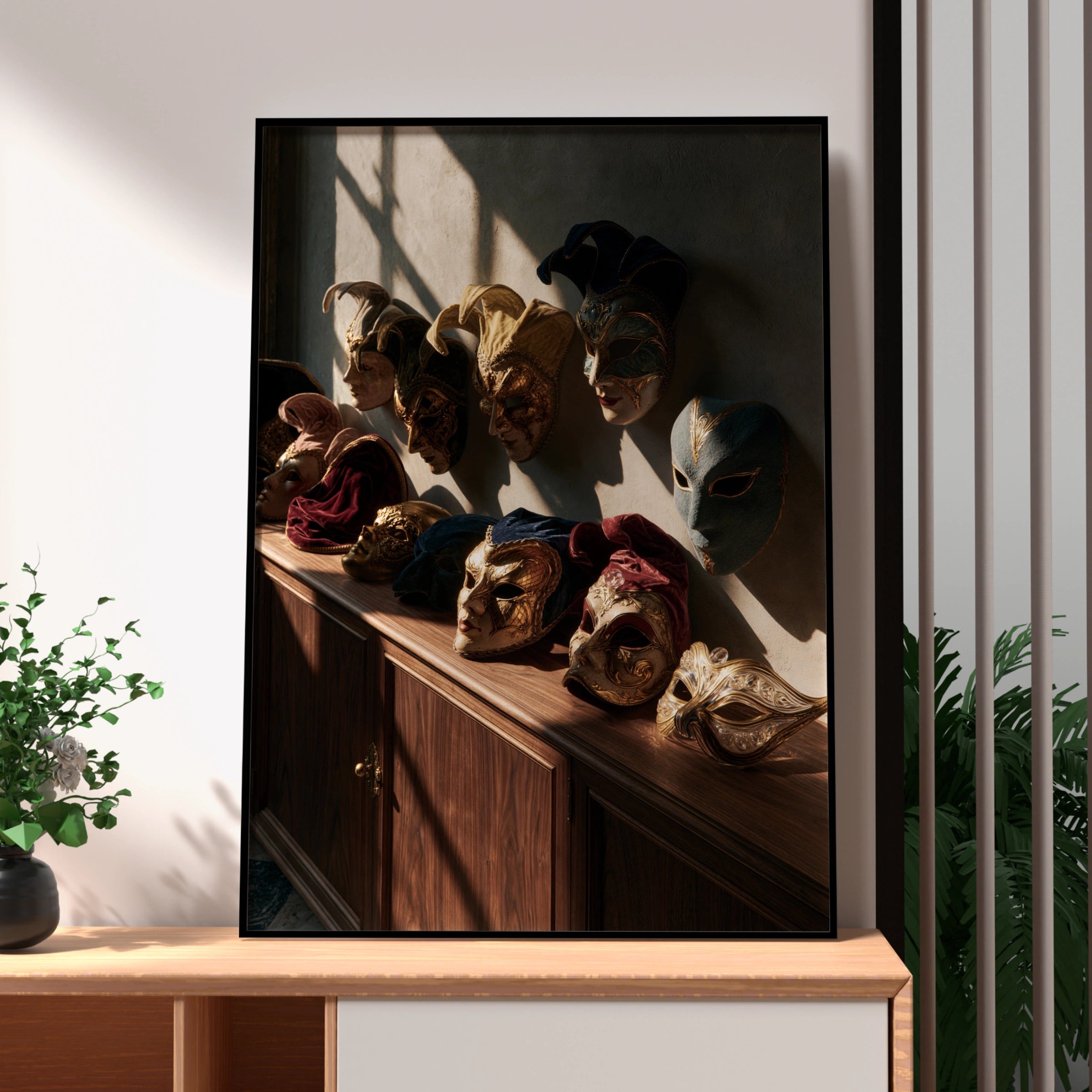 Venetian Masks Room Poster, Italian Carnival Wall Art, Dramatic Gold Print