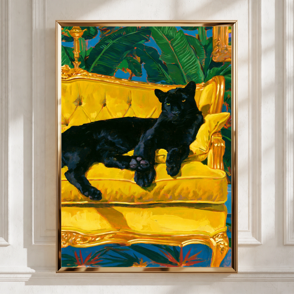 Black Panther on Yellow Sofa Wall Art Poster, Tropical Maximalist Print
