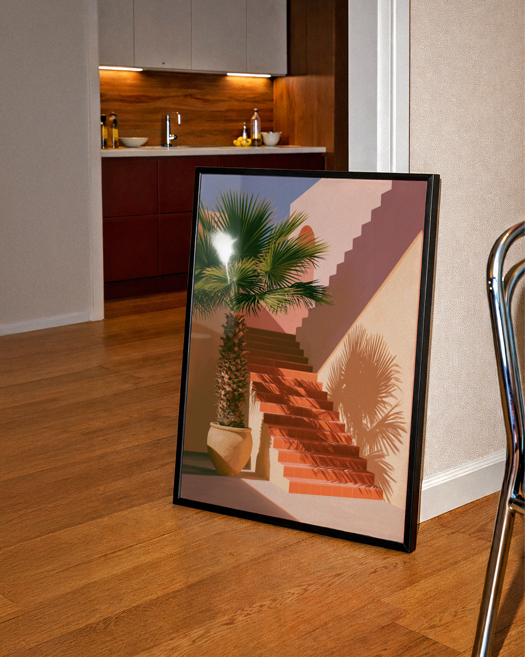 Palm Tree Staircase Poster, Mediterranean Architecture Print, Terracotta Sun Shadow Art