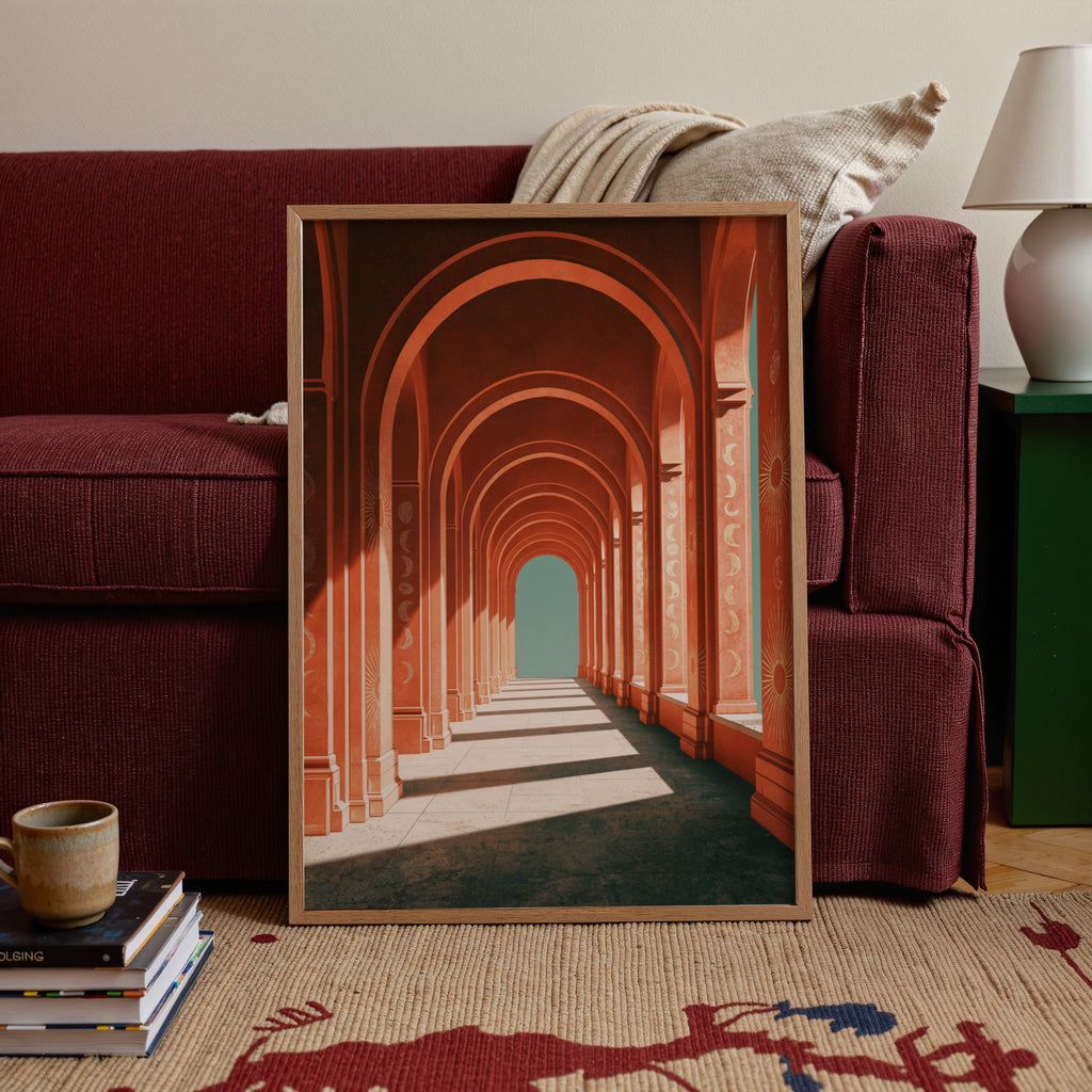 Orange Arch Corridor Poster, Moon Phase Celestial Colonnade, Surreal Architecture Print