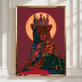 Crowned Jaguar Wall Art Poster, Crimson Moon Big Cat Print, Bold Animal Art