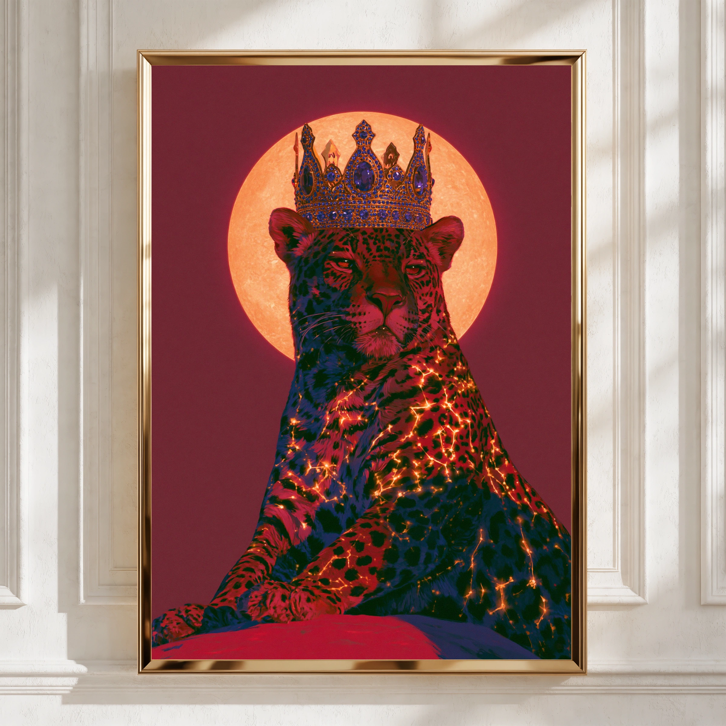 Crowned Jaguar Wall Art Poster, Crimson Moon Big Cat Print, Bold Animal Art