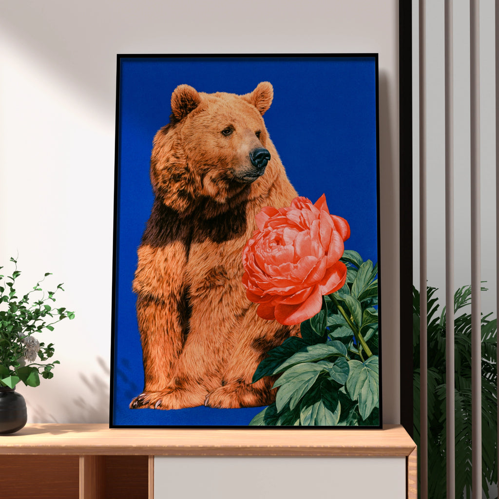 Bear with Pink Peony Flower Poster, Bold Blue Wildlife Floral Wall Art