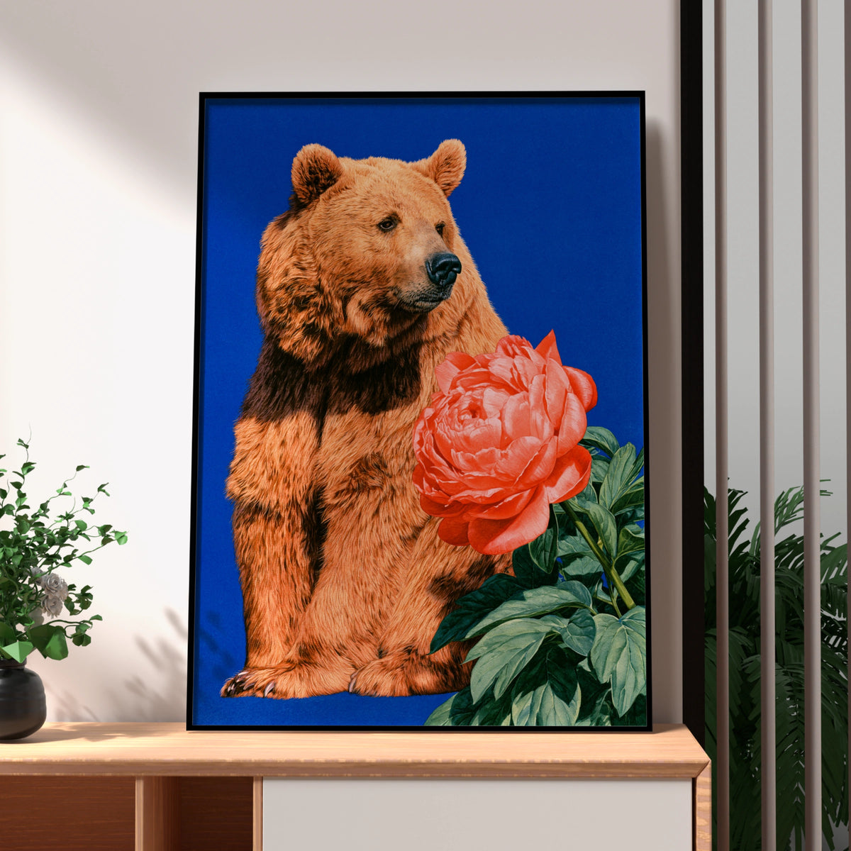 Bear with Pink Peony Flower Poster, Bold Blue Wildlife Floral Wall Art