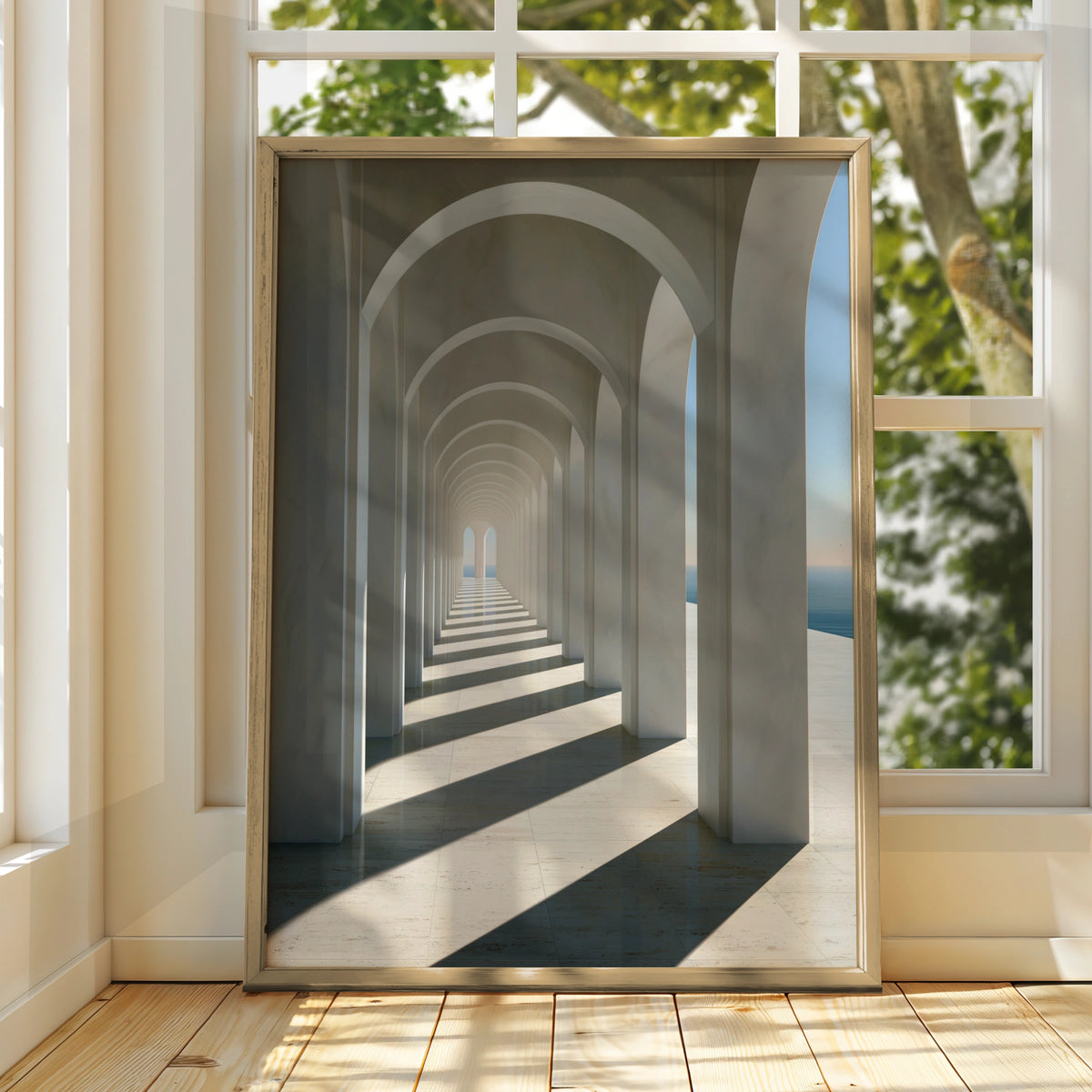 White Marble Archway Passage Poster, Minimalist Architecture Print, Coastal