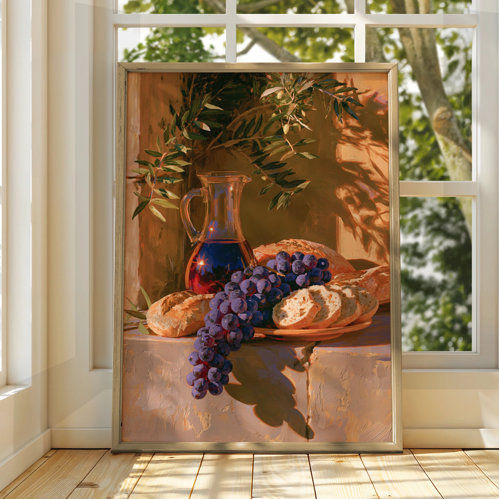 Grapes Wine Bread Still Life Poster, Mediterranean Sunlight, Oil Painting Style