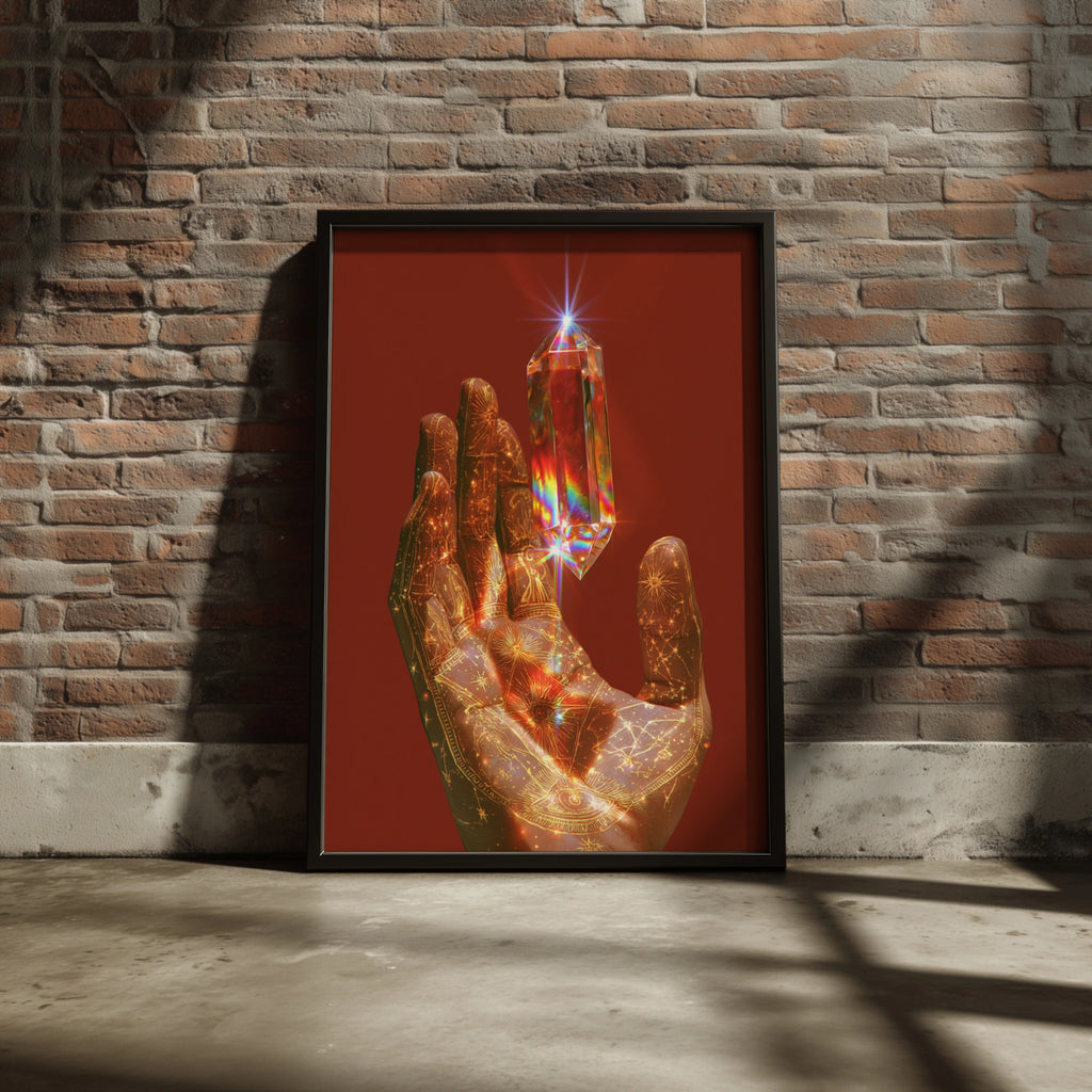 Crystal Prism Hand Poster, Mystical Celestial Art Print, Bohemian Wall Decor