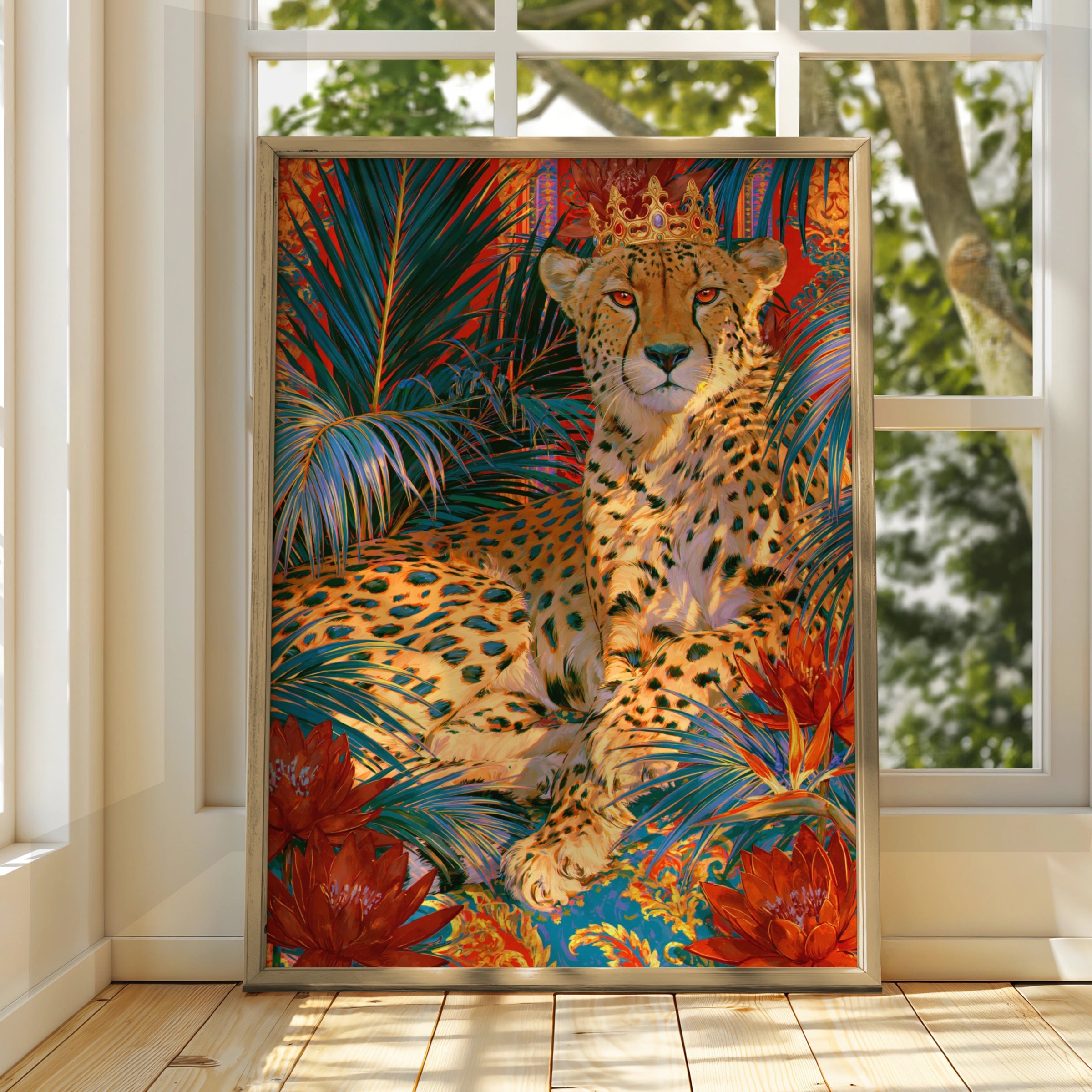 Crowned Cheetah Tropical Flowers Poster, Bold Maximalist Wall Art Print