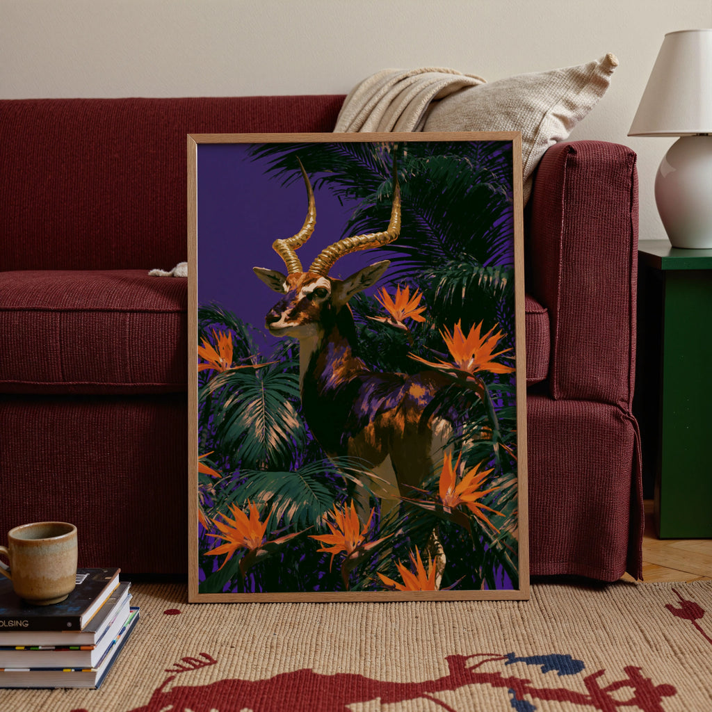 Antelope Tropical Flowers Poster, Bold Purple Wildlife Wall Art Print