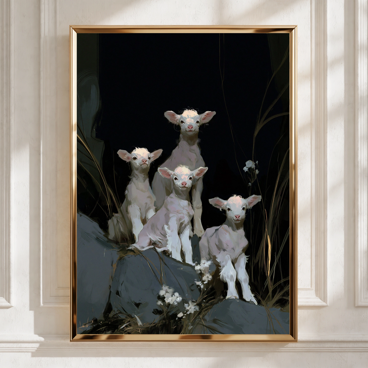 Lambs Wall Art Poster, Dark Background, Painterly Animal Print