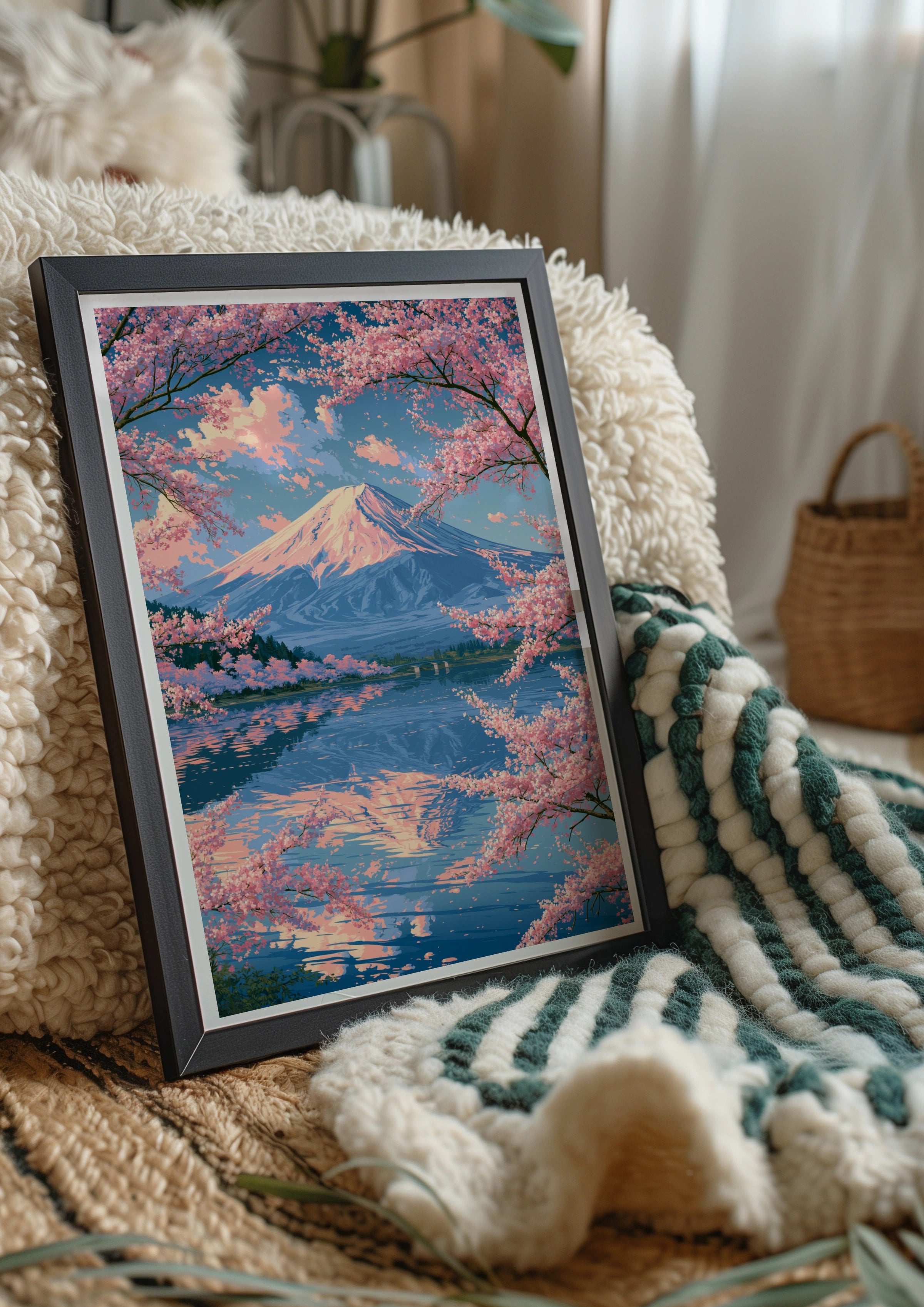 Mount Fuji Cherry Blossom Poster, Japan Lake Reflection Wall Art, Sakura Print