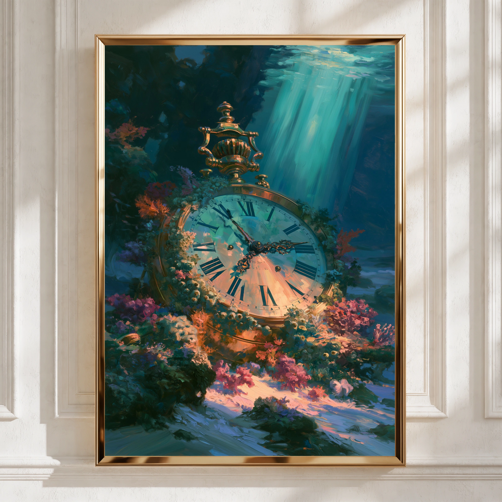 Underwater Clock Poster, Antique Timepiece Ocean Art, Fantasy Surreal Print