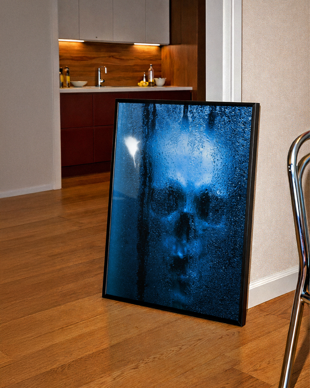 Skull Through Wet Glass Poster, Blue Gothic Wall Art, Dark Moody Print