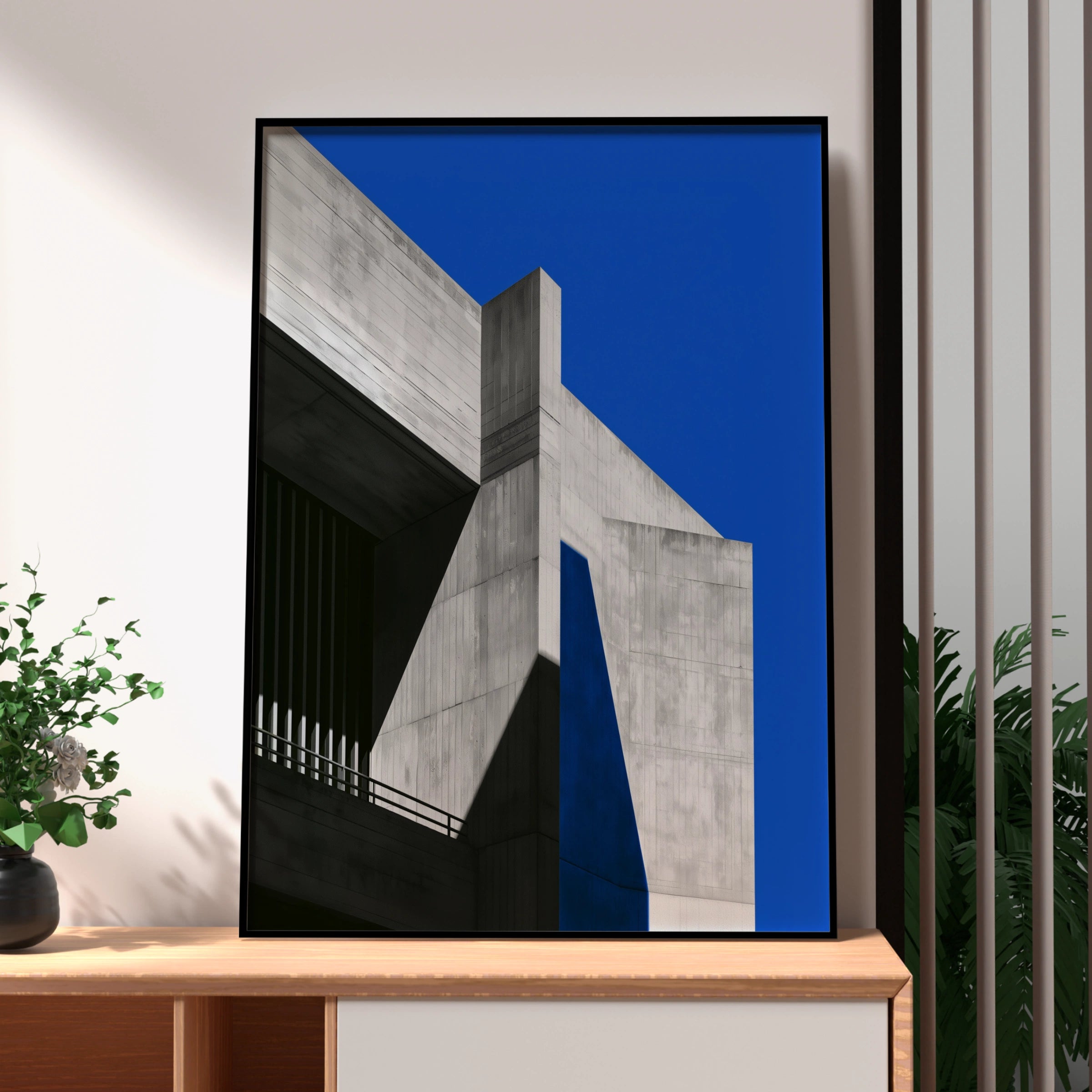Brutalist Concrete Architecture Poster, Bold Blue Sky, Minimalist Wall Art