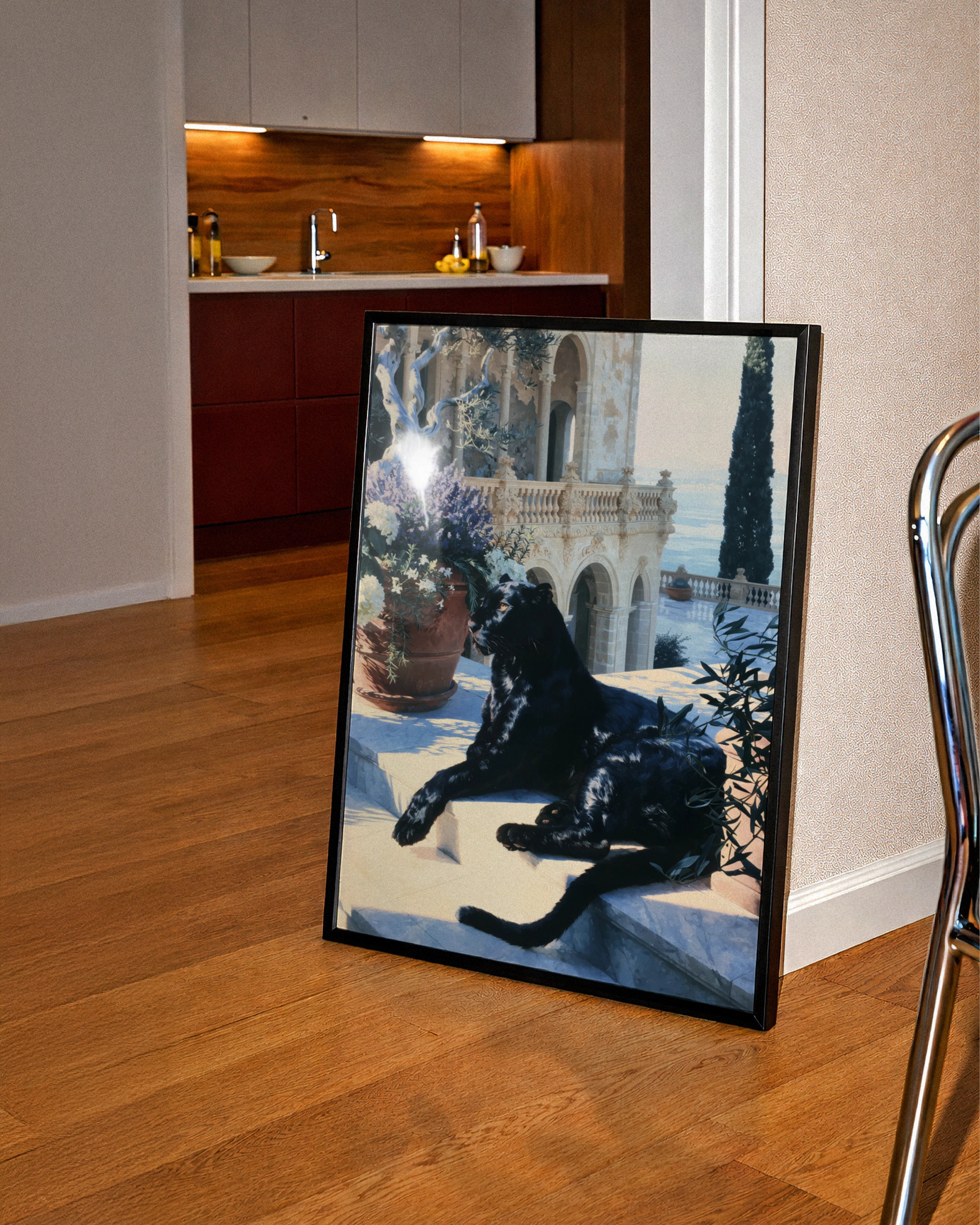 Black Panther Villa Stairs Poster, Mediterranean Architecture Art Print