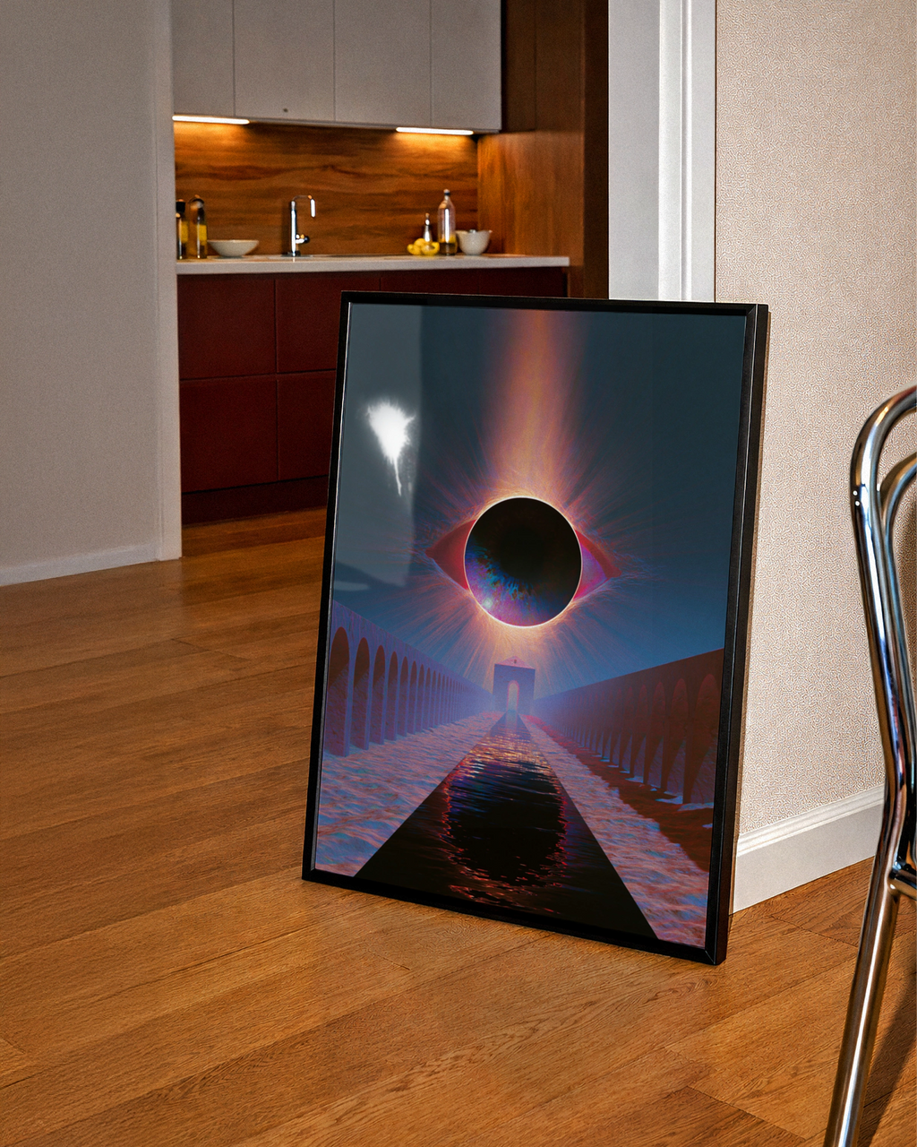 Eclipse Eye Arches River Abstract Poster, Surreal Dark Sky Art Print