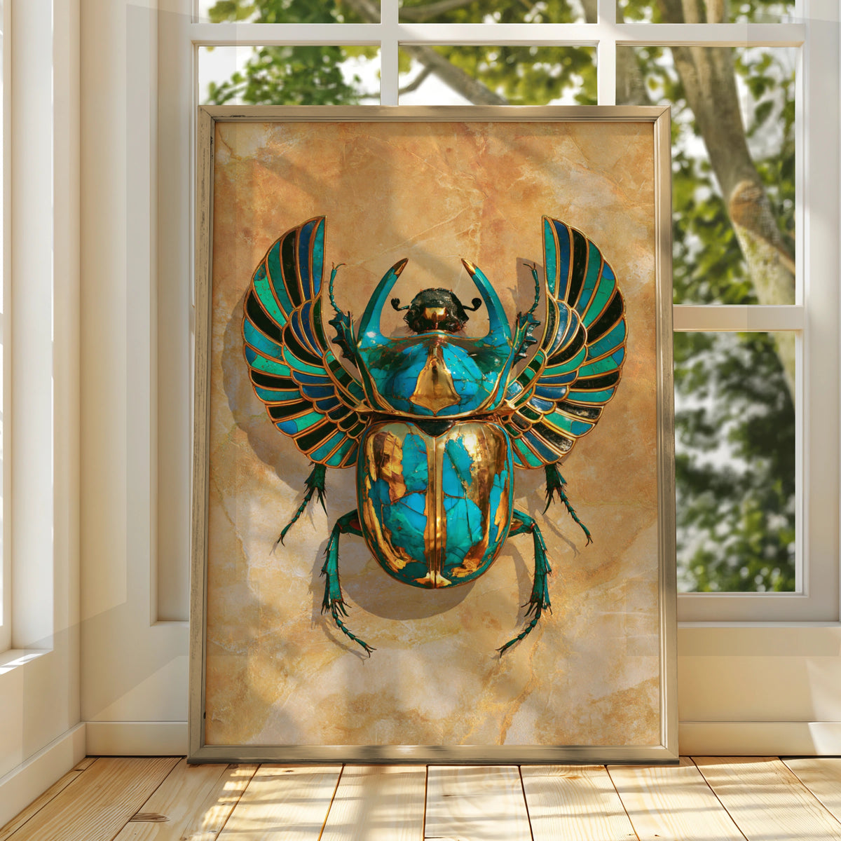 Egyptian Scarab Beetle Poster, Turquoise Gold Art Print, Ancient Egypt Wall Art