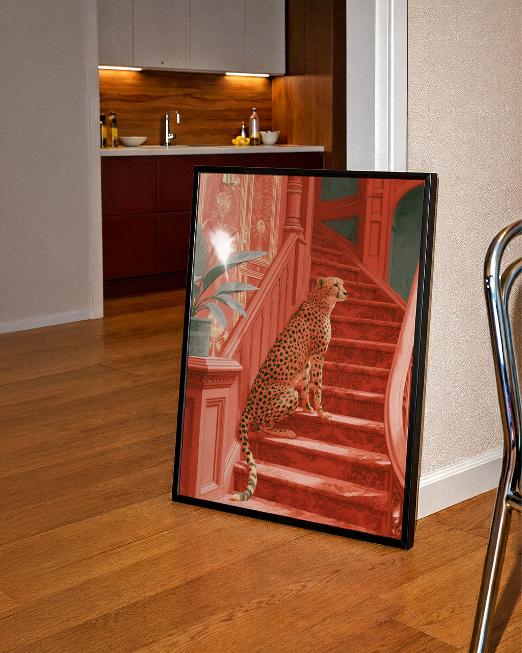 Cheetah on Red Staircase Poster, Victorian Interior, Bold Animal Wall Art