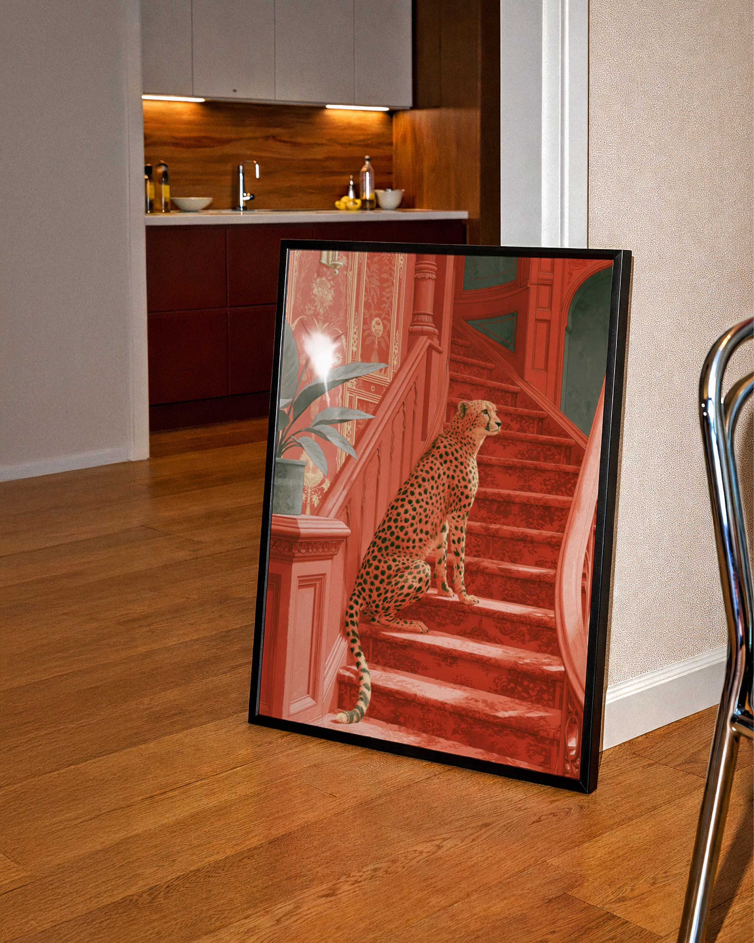 Cheetah on Red Staircase Poster, Victorian Interior, Bold Animal Wall Art