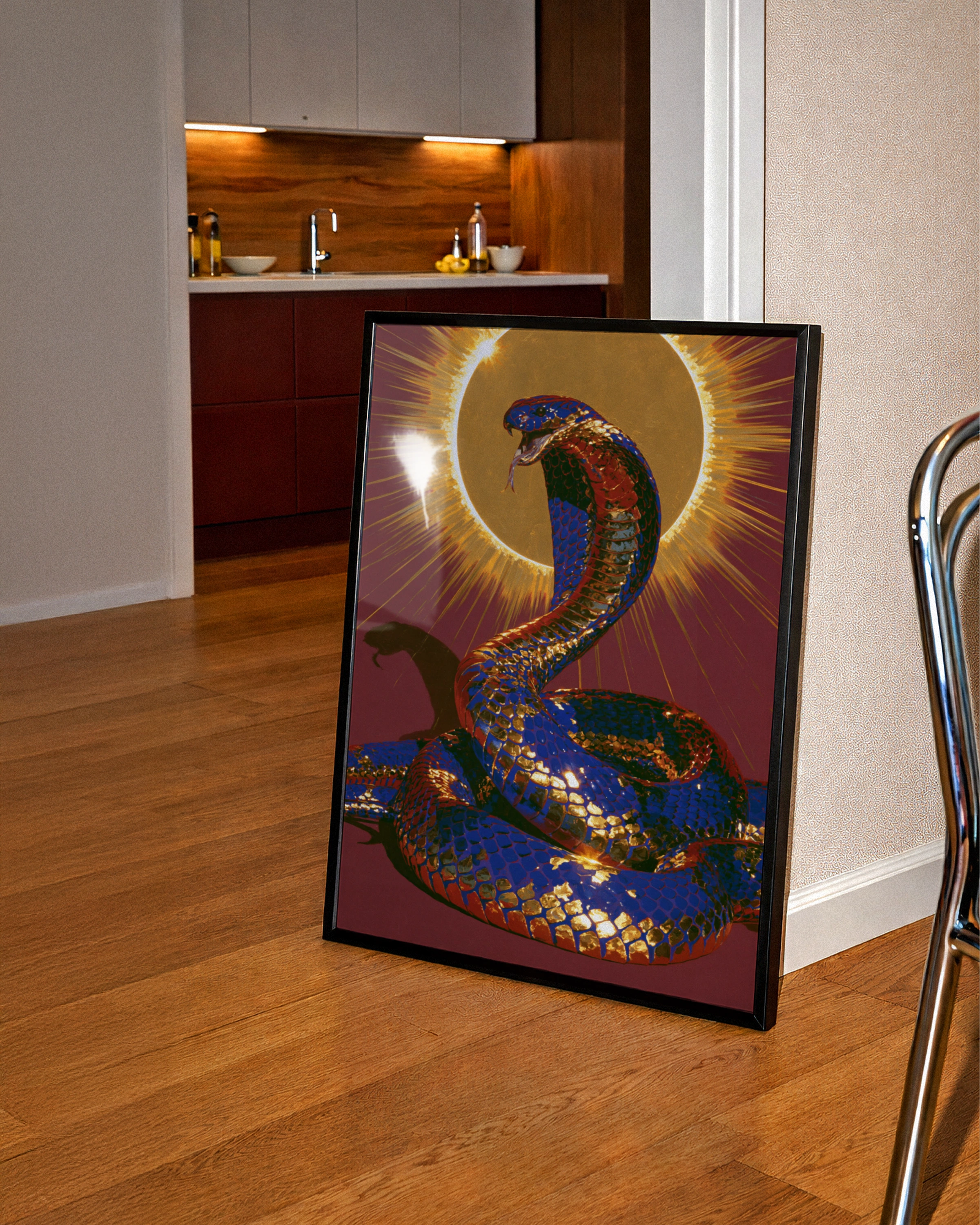 Cobra Snake Sun Poster, Crimson Blue Gold Wall Art, Mythic Serpent Print