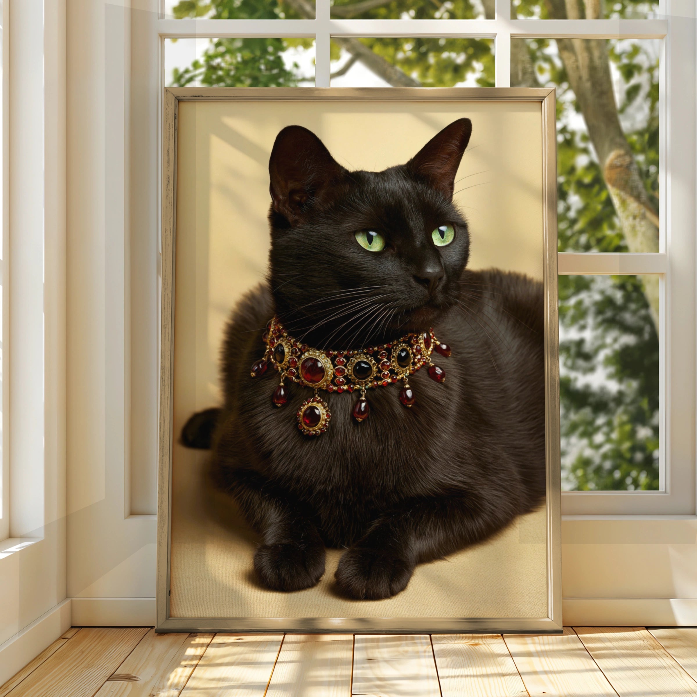 Black Cat Ruby Necklace Poster, Regal Feline Portrait, Jewelled Art Print