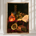 Glass Bottles Books Compass Still Life Poster, Old Masters Oil Painting Style