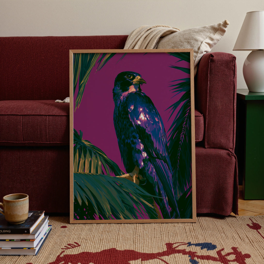 Falcon Purple Wall Art Poster, Bird of Prey Print, Tropical Illustrated Style