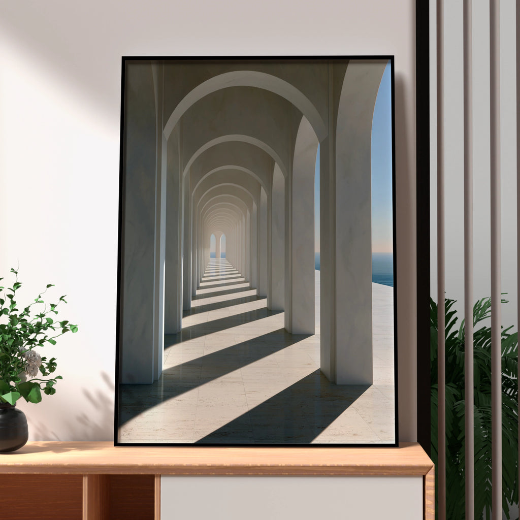 White Marble Archway Passage Poster, Minimalist Architecture Print, Coastal