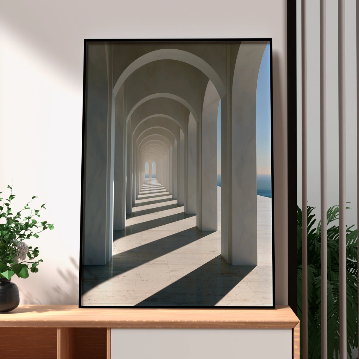 White Marble Archway Passage Poster, Minimalist Architecture Print, Coastal