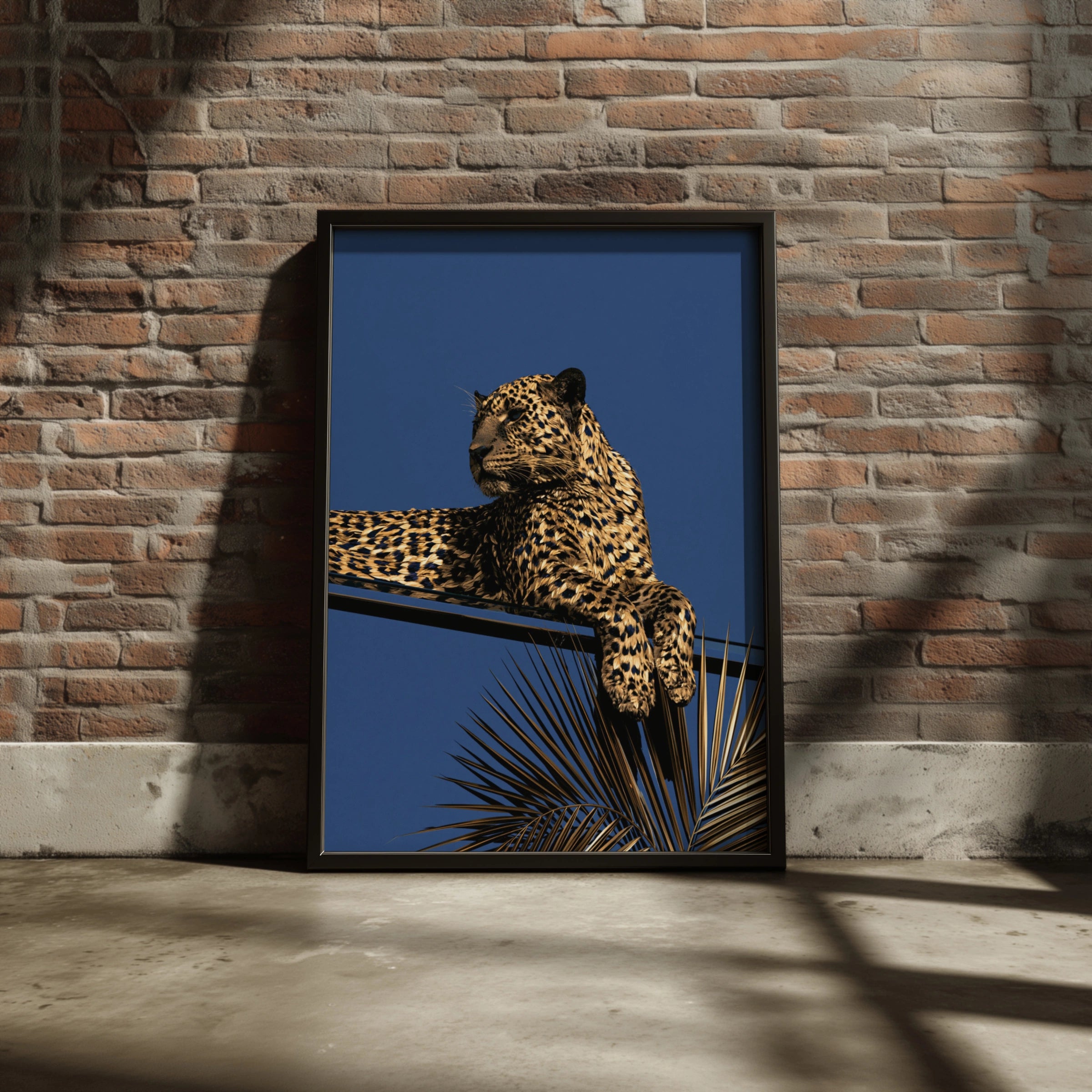 Gold Leopard Blue Sky Poster, Art Deco Wild Cat Print, Luxury Animal Wall Art