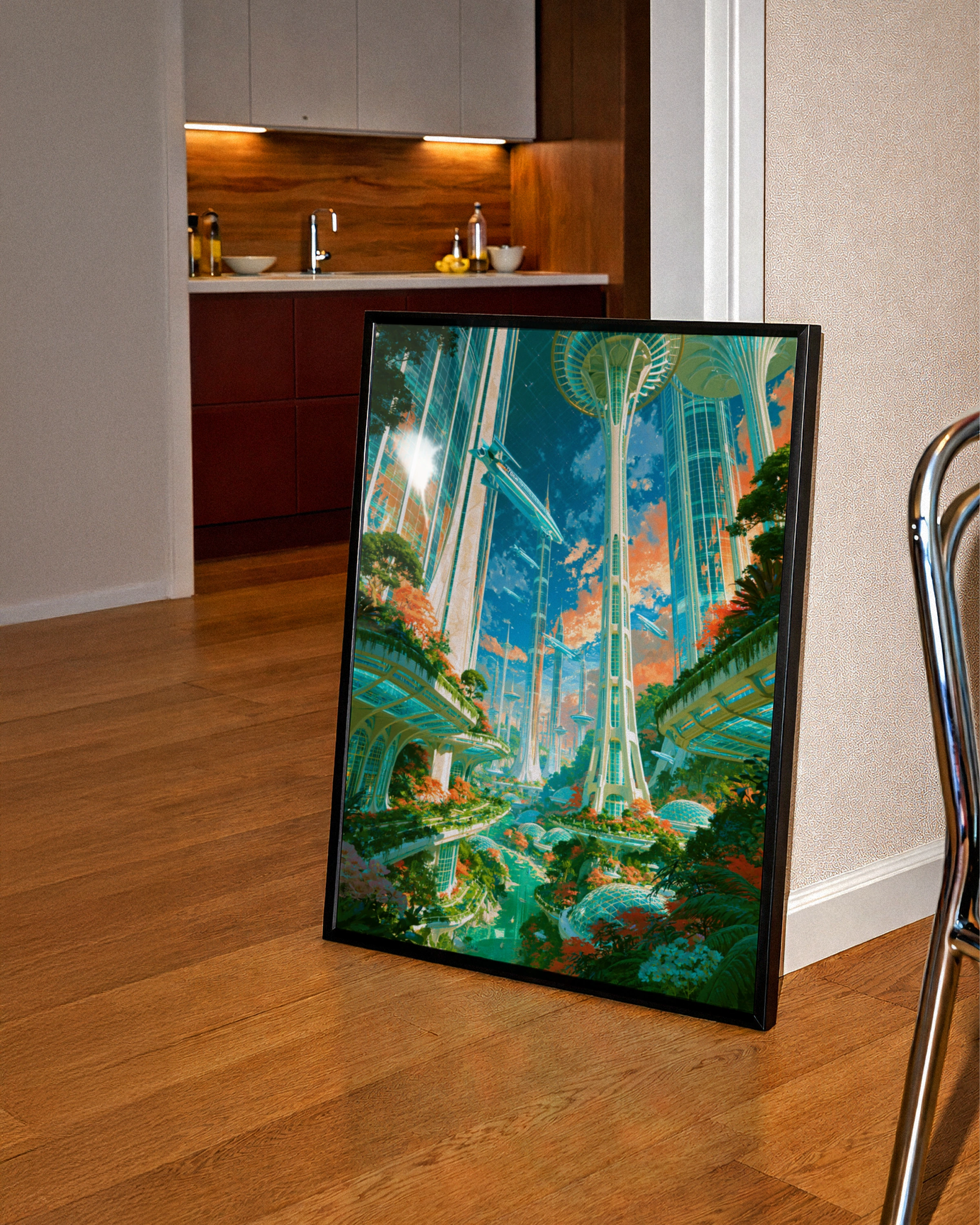 Futuristic Space City Poster, Sci-Fi Cityscape Wall Art, Utopian Print