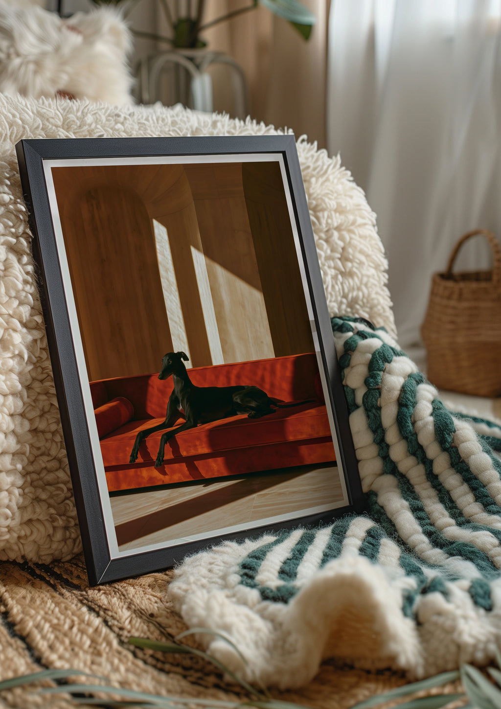 Greyhound on Red Sofa Poster, Black Hound Dog Wall Art, Warm Minimalist Print