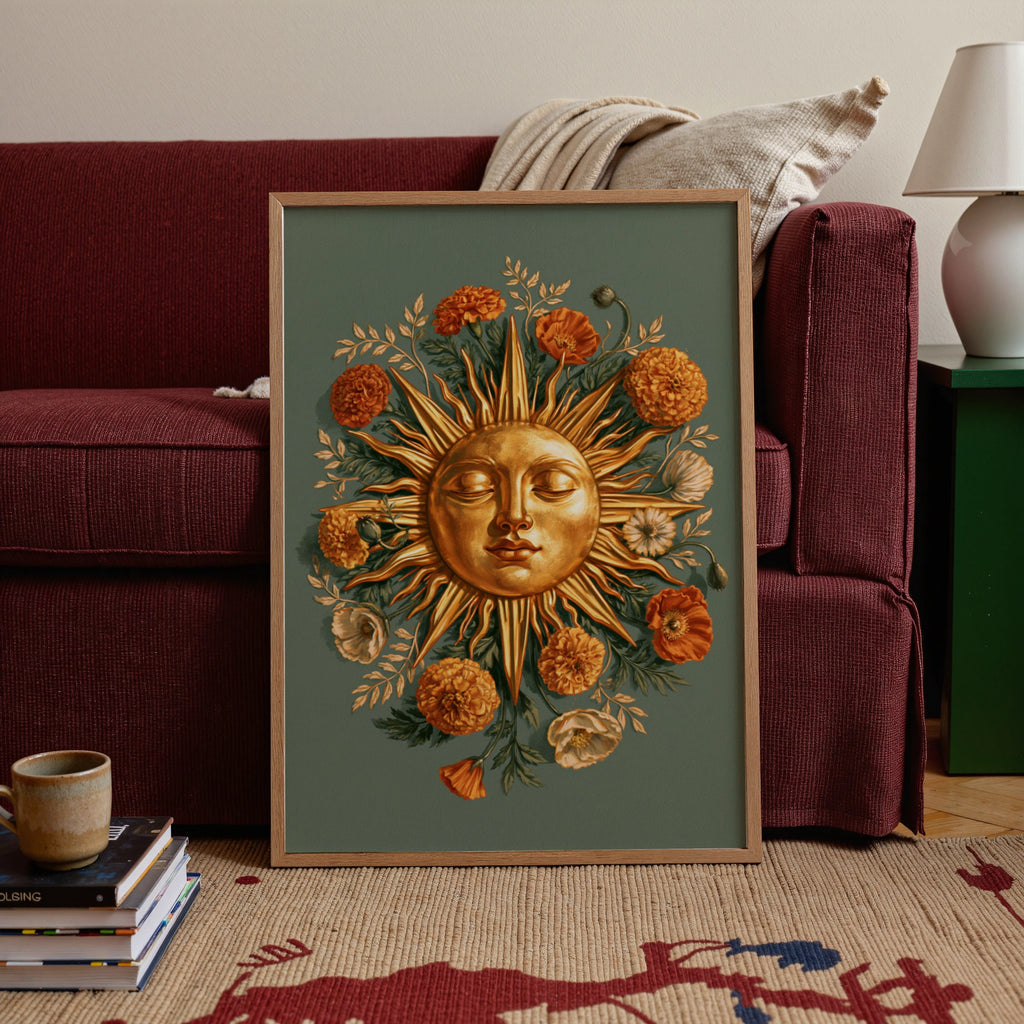 Golden Sun Face Floral Poster, Marigold Botanical Wall Art, Celestial Print