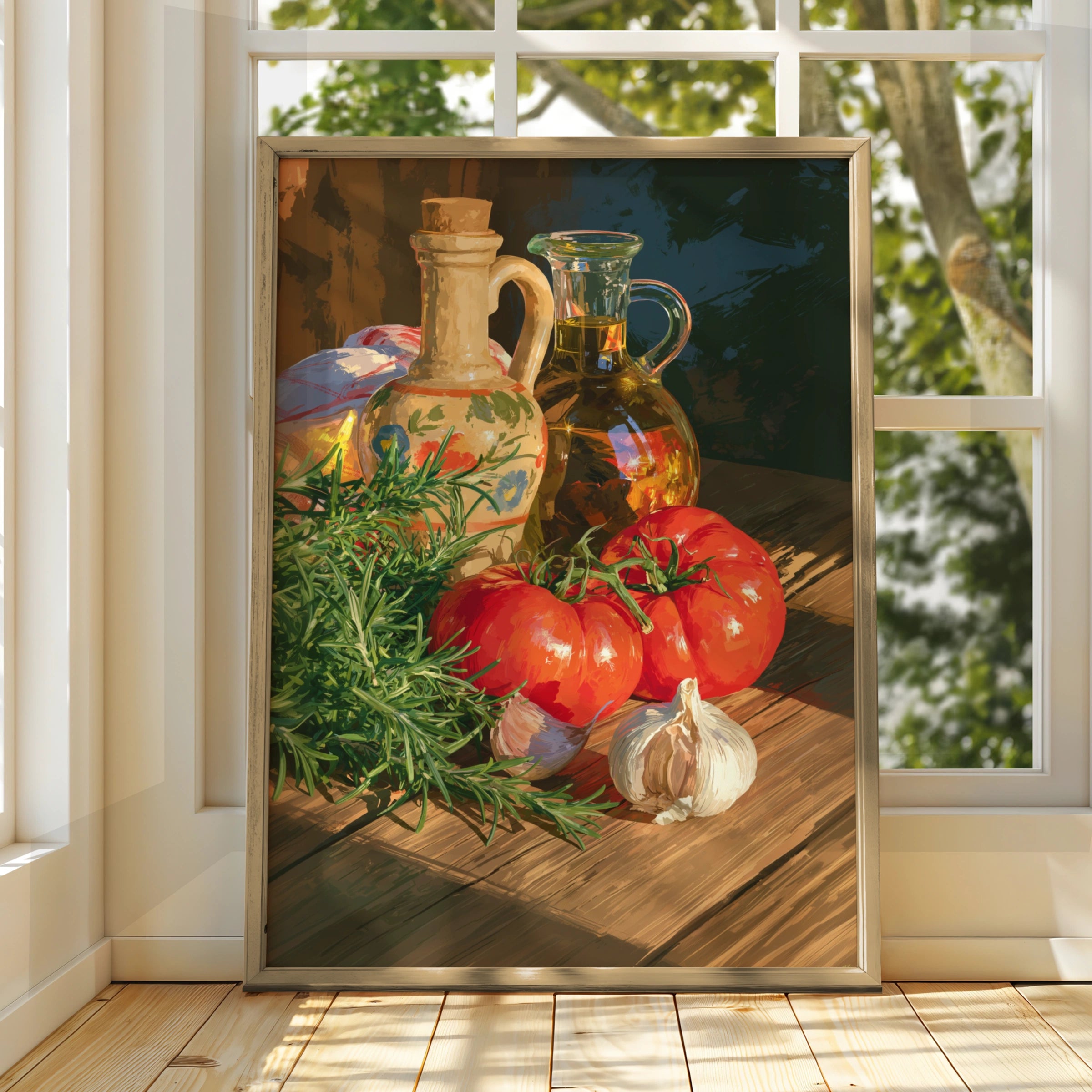 Tomatoes Garlic Olive Oil Rosemary Still Life Poster, Mediterranean Kitchen Art