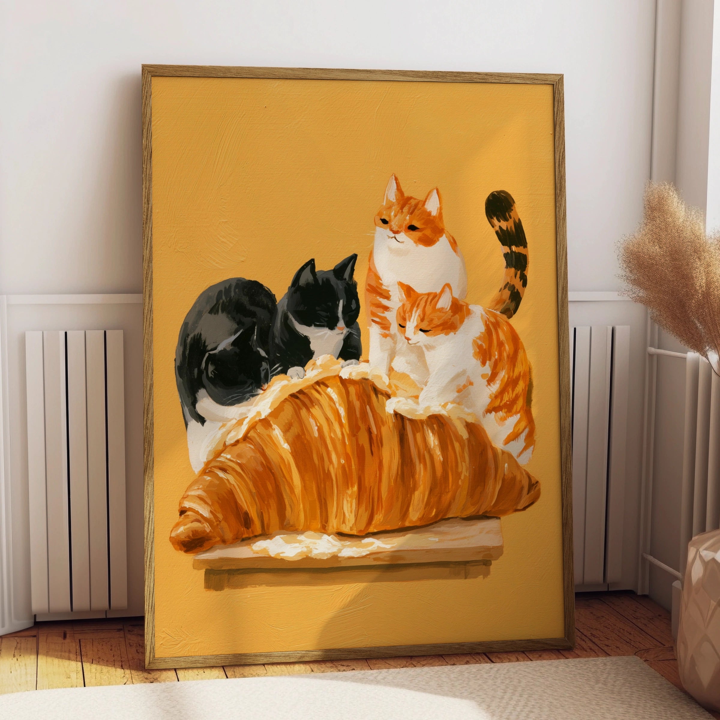 Cats on a Croissant Poster, Funny Cat Wall Art, Warm Yellow Kitchen Print